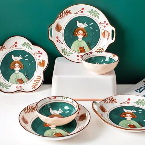 Round hand-painted flower ceramic plate fruit salad plate dessert steak cuisine kitchen storage decorative tableware