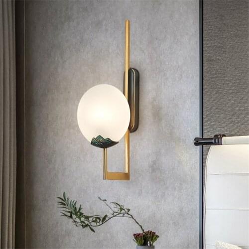 Chinese Style Round Glass Wall Lamp Living Room Background Decoration Aisle Corridor Bedroom Study Simple Art Copper Wall Light
