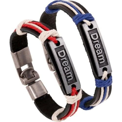 Fashion Women Men Dream Genuine Leather Cuff Bracelet Vintage Alloy Charms Bangle Wrap Lovers Couple Wristbands Casual Jewelry