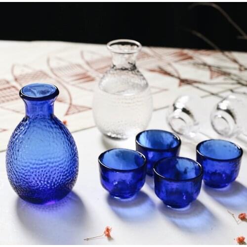 Hammer Grain Japanese Style Blue Glass Sake Set Wine Separator Red Yellow Thite Wine Cup Pot Bottle Wineglass Wineware