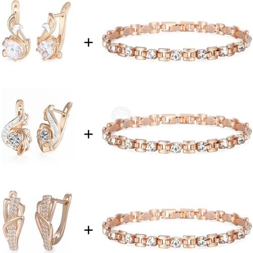 Clear CZ Bracelet Earrings Sets Fashion Jewelry Set For Women Girlfriend Gold Filled Wedding Party Valentine Gifts LGBGEM03