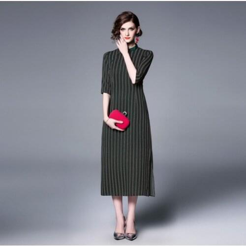 New Fashion brand chinese style cheongsam striped retro Dress Womens Crossbody buckle was thin Dresses wq1309 dropship