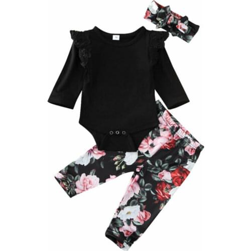 0-24M Toddler Baby Girl Clothes Long Sleeve Bodysuit Tops +Floral Print Pants+ Headband Outfit 3PCS
