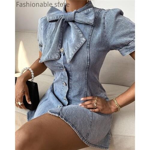 Knotted Design Single Breasted Short Sleeve Denim Dress