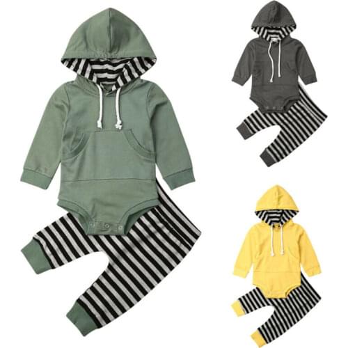 Toddler Baby Boy Autumn Clothes Hooded Tops Long Sleeve Bodysuit+ Striped Long Pants 2pcs Outfits