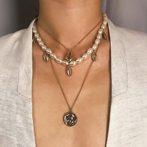 Rongho New Summer Metal Shell Chokers Necklaces for Women Multi Pearl Chains choker necklace Coin Pendant Necklace Boho Bijoux