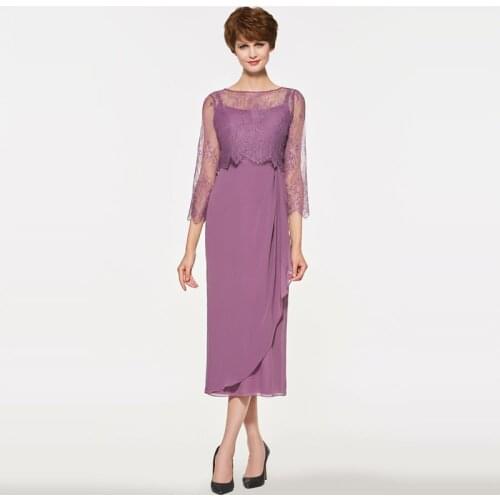 Simple Mother of The Bride Dresses with Lace Jacket Chiffon Sleeveless Tea-Length Formal Evening Gown Mother Dress for Weddings