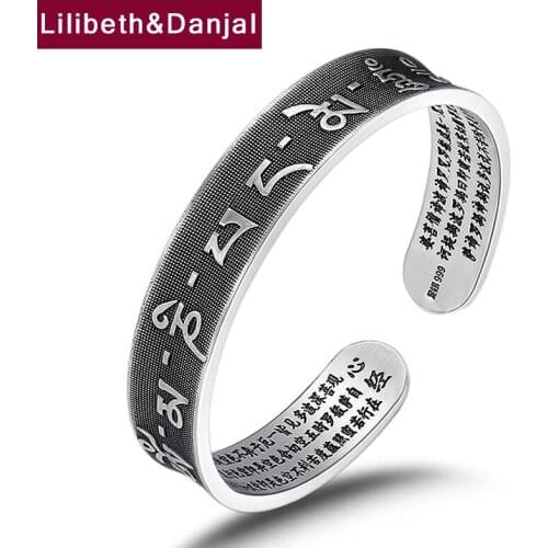 Women Men Opening Bangle Real S999 sterling silver Buddha Mantra Adjustable Bracelet Bangle jewelry argent 925 femme tom hope B5