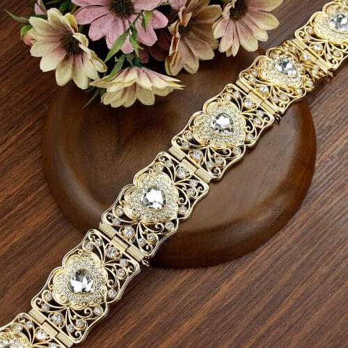 Neovisson Elegent Heart Crystal Morocco Belt For Women Gold Color Algeria Robe Caftan Belt Adjustable Length Wedding Jewelry