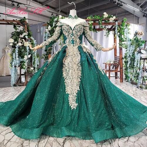 AnXin SH Luxury princess golden flower green lace boat neck beading crystal long sleeve sparkly wedding dress 100% real photo