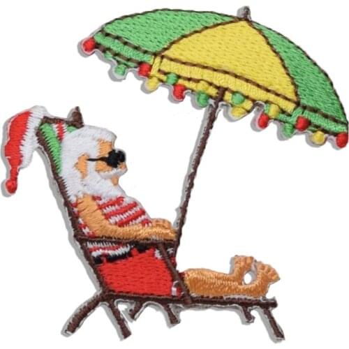Christmas Santa Beach Vacation Embroidery Patches Umbrella and Chair Iron on Applique Embroidered Patch for Clothes Jackets