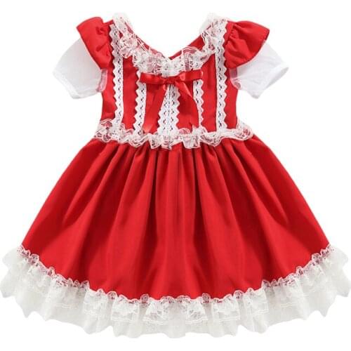 Christmas 1-6Years Little Girl Princess Dress Toddlers Sweet Style Lace Bow Decoration Mesh Short Sleeve Kid Xmas Formal Dress