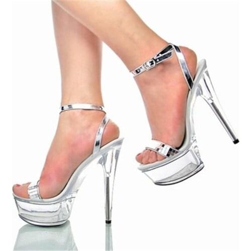 Super stilettos with silver sequined uppers of 15cm, stylish transparent waterproof platform shoes, and stage party sandals