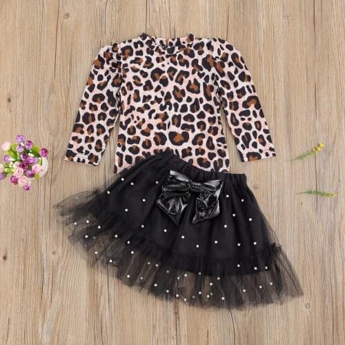 Free Girls Skirt 2-piece Outfits Leopard Print Bubble Long Sleeve Pullover Top Black Gauze Skirt Pearl Bow Costumes Party Tutu