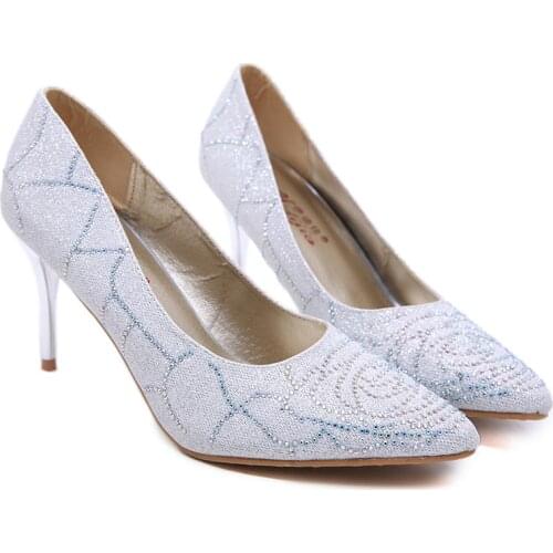 Women Pumps Brand Thin High Heels Sequined Cloth Slip On Pointed Toe Dress Office & Career Party Wedding Bling Women Shoes