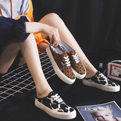 Women Canvas Shoes Half Slippers Slip On Loafers Solid Color Flat Heel Lace Up All Match 35-40 Girls Casual Shoes For Summer
