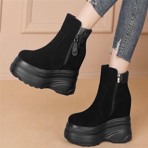 Women Genuine Leather Hidden Wedges High Heel Motorcycle Boots Female Winter Warm Round Toe Chunky Platform Pumps Casual Shoes