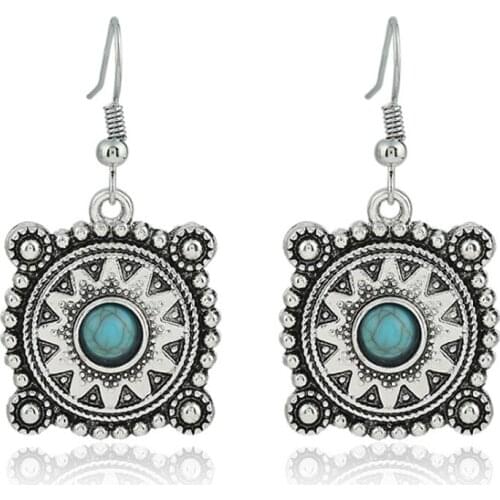 Antique Silver Plated Alloy Geometric Green Turquoises Stone Drop Earrings for Women Charm Jewelry