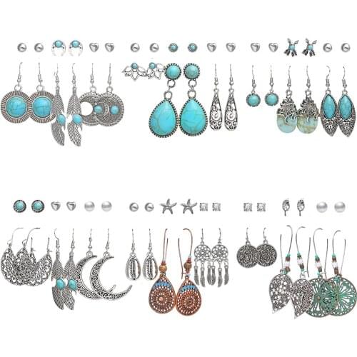 IF YOU Vintage Silver Color Stone Earrings Set For Women Indian Tribal Leaf Drop Dangle Earrings pendientes muje Fashion Jewelry
