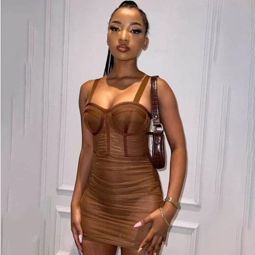 European and American womens 2021 summer new pure color suspender mesh perspective wrinkle sexy short dress