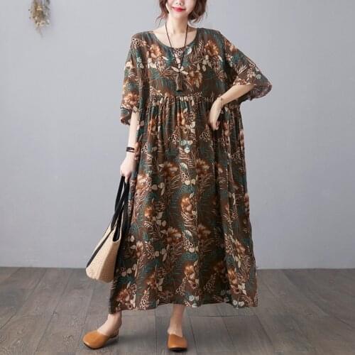 Women Plus Size Summer Dress Print Linen Colorful Female Loose Batwing Casual Retro Vintage Large Size Dresses