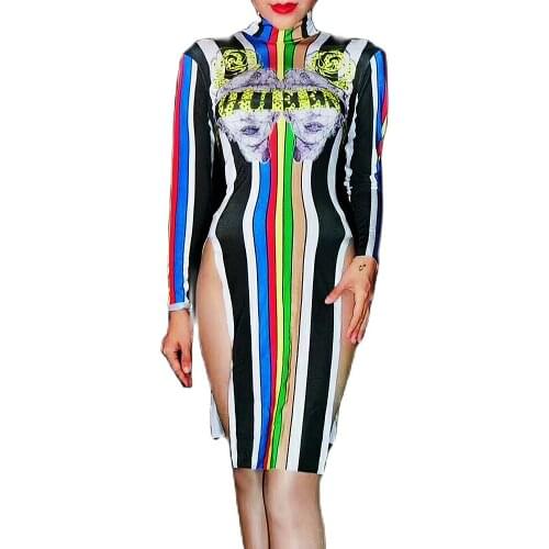 Black And White Stripes Long Sleeve Dress Women High Slit Dress Fashion Printed Birthday Celebrate Party Costume Lady Stage Wear