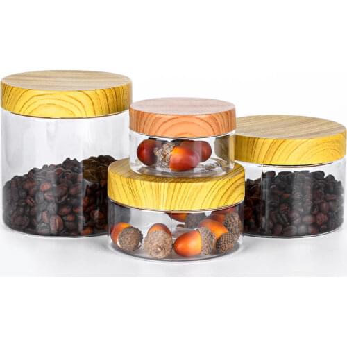 1PCS 100ML/200ML/300ML/500ML Empty Clear PET Jars Containers With Plastic Imitation Wood Lids Storage Bottle Big Capacity