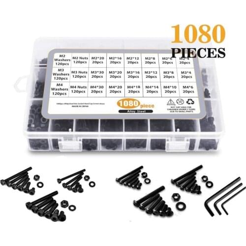 1080Pcs Alloy Steel Hex Socket Button Head Cap Screws Nuts Flat Washers Kit M2 M3 M4 Black Screw Assortment