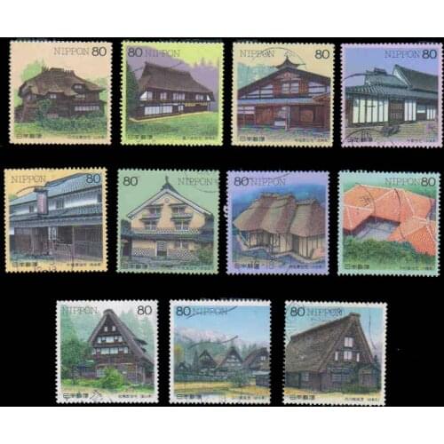 11 PCS Japanese Used Postage Stamps With Post Mark For Collection Topic Buildings