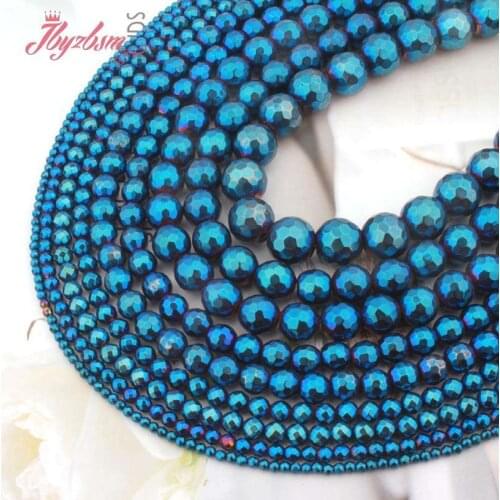 Natural Blue Hematite Faceted Round Bead Loose 2/3/4/6/8MM Stone Beads For DIY Necklace Bracelet Jewelry Making Strand 15"
