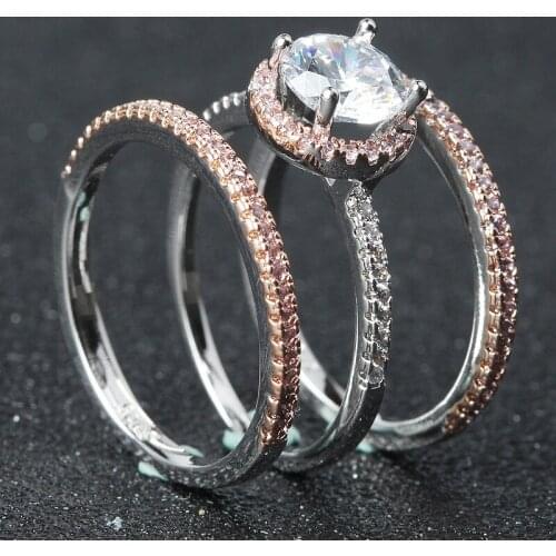 Pink Crystal Zircon Three-piece Ring Fashion Elegant Female Romantic Birthday Gift Factory Wholesale