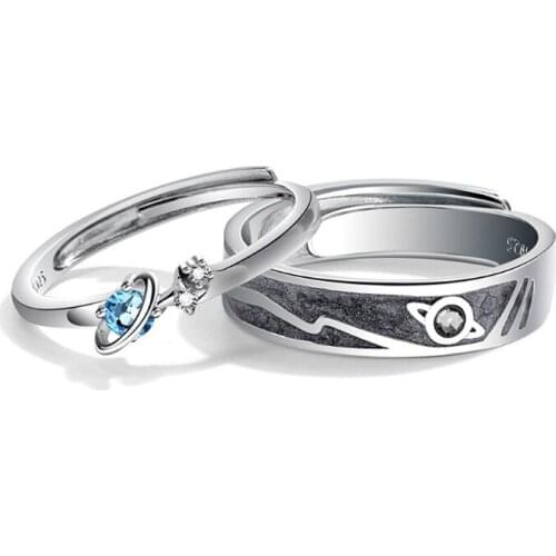 2Pc Trendy Saturn Planet and Stars Universe 925 Sterling Silver Lover Ring Matching Set Sea Blue Fashion Jewelry