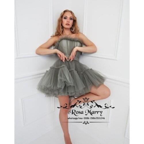 Gray Plus Size Short Prom Dresses A Line Strapless Knee Length Tulle Girls Engagement Formal Evening Party Gown Vestido De Festa