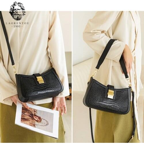 LAORENTOU 100% Genuine Leather Crossbody Bag Office Women Business Bag Female Fashion Vinage Totes for Girl Ladies Crescent Bag