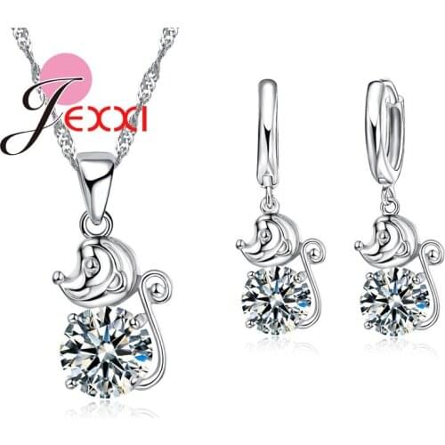 Newest Cute Monkey Design Girls Jewelry Sets Trendy Women 925 Sterling Silver Crystal Necklace Earrings Wholesale