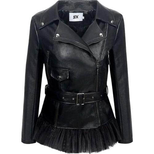 Autumn and winter Lapel zipper Faux leather jacket hem stitching mesh slim fit jacket PU jacket women Y792