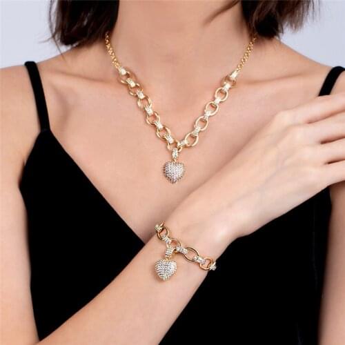 Luxury Sparkling Cubic Zirconia Jewelry Sets Heart Pendant Necklace Bracelet Women Wedding Jewelry Fashion Sets