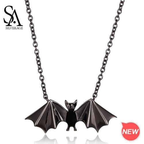 SA SILVERAGE Real 925 Sterling Silver Bat Pendant Necklaces for Woman Black Silver Animal Necklaces Pendants Fine Jewelry