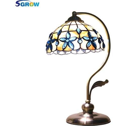 SGROW Art Shell Desk Lamps Blue Beads Decoration Lighting Table Light for Bedroom Study Room European Blue Lilac Shell Lampara