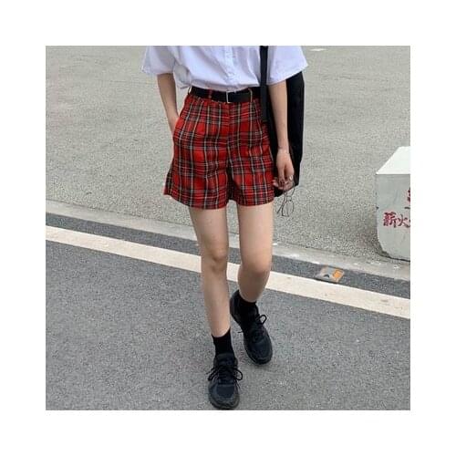 New Summer Shorts Women Red Plaid Overalls Female Casual Fashion Sexy High Waist Shorts+Belt Gothic Girls 2020