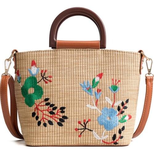 Straw Beach Bag Women Summer Embroidered Hand-held Women Bag Fashionable Flower Shoulder Bags Female