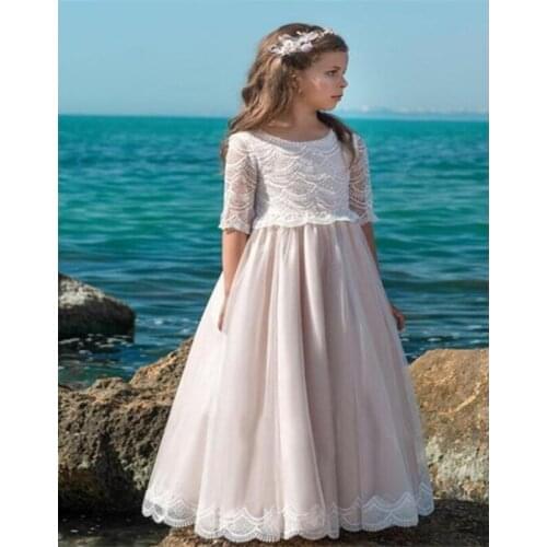 Wedding Flower Girl Dress Half Sleeves Lace A Line Kids Formal Party First Communion Gown Children Birthday Party Dresses