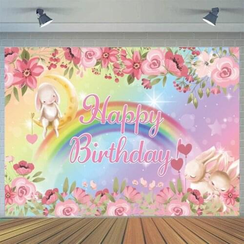 Moon Bunny Pink Flower Rainbow Newborn Baby Shower Birthday Party Backdrop Custom Vinyl Photography Background For Photo Studio