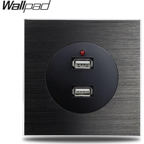 Wallpad L6 Double 2 USB Charging Wall Socket 2.4A Power Outlet Brushed Black Aluminum Panel