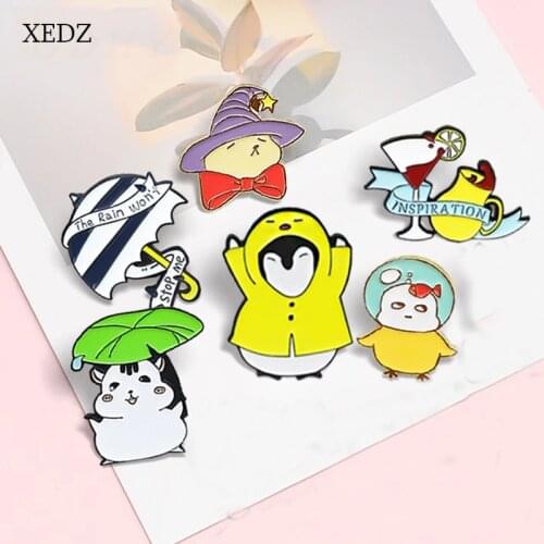 XEDZ Cute Animal Chicken Duck Cat Penguin Enamel Pin Cartoon Hamster Cocktail Magic Hat Badge Jewelry Gift