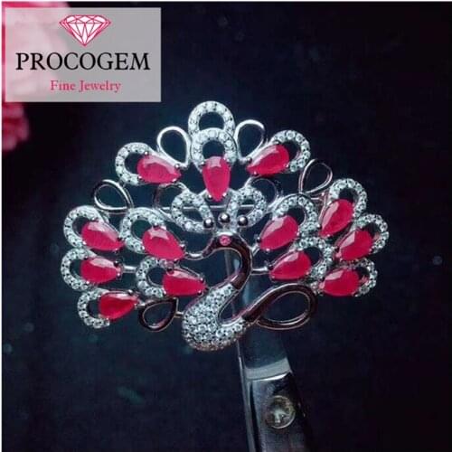 Natural Peacock Ruby Brooches for Female Party Valentines gifts Water Drop Genuine gemstone fine Jewelry 925 Sterling Silver 329