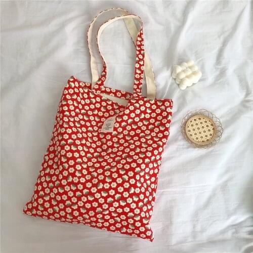 Women Canvas Flower Shoulder Bag Retro Floral Cotton Fabric Big Shopping Bags Girls Reusable Folding Books Tote