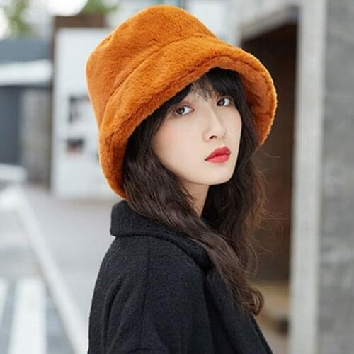 Women Warm Hats Winter Travel Gorros Plushy Faux Fur Wide Brim Thick Warm Solid Colod Bucket Cap Clothing Accessories