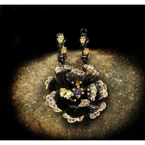 CIZEVA Womens Exaggerated Vintage Sunflower Drop Earrings Personality Zircon Black Gold Filled Wedding Party Earrings