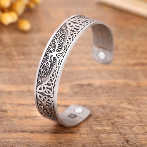 LIKGREAT Tree of Life Engraved Jewelry Viking Cuff Bangle Vintage Silver Plated Magnetic Bracelets Women Men Health Care Bangles